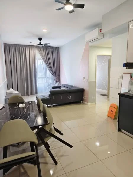 Living features: grey fabric sofa, 4-seater dining table, beige dining chairs, ceiling fan, recessed downlights, large window with sheer curtains, cream painted walls, glossy tile flooring, air conditioning unit, decorative wall with geometric pattern; style: modern.