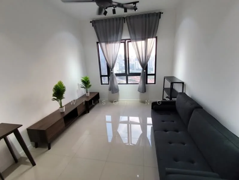 Living features: grey fabric sofa, coffee table, TV console, floor-to-ceiling windows, sheer curtains, blackout curtains, white painted walls, glossy tile flooring, ceiling fan with light, decorative plants in ceramic pots; style: modern; view: city.