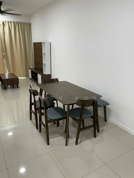Dining features: 6-seater dining table, wooden dining table, upholstered dining chairs in blue, white painted walls, glossy ceramic tile flooring, floor-to-ceiling windows with sheer curtains, wall-mounted storage unit, coffee table, ceiling fan; style: modern.