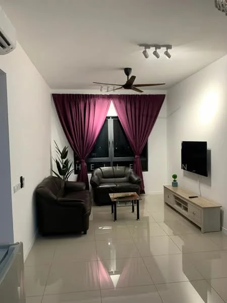 Living features: 3-seater leather sofa in dark brown, 2-seater leather sofa in dark brown, coffee table, wall-mounted TV, TV console with storage, floor-to-ceiling windows, purple curtains, ceiling fan with light, recessed LED downlights, glossy tile flooring, indoor plant; style: modern; view: city.