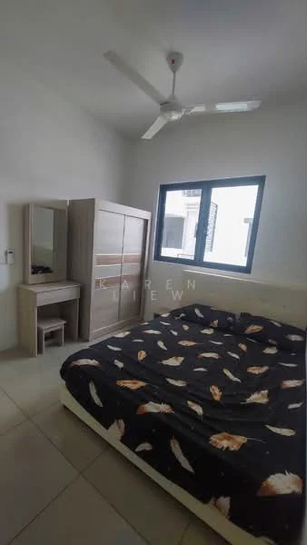 Bedroom features: queen-size bed with patterned bedding, wooden wardrobe with sliding doors, vanity table with mirror, ceiling fan, white painted walls, tile flooring, window with black frame, natural light from window; style: modern.