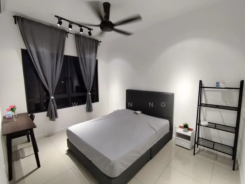 Bedroom features: queen-size bed, grey upholstered headboard, white bedding, 2 bedside tables, black metal shelving unit, desk with chair, floor-to-ceiling window, grey curtains, ceiling fan with light, white painted walls, tile flooring; style: modern; view: city.