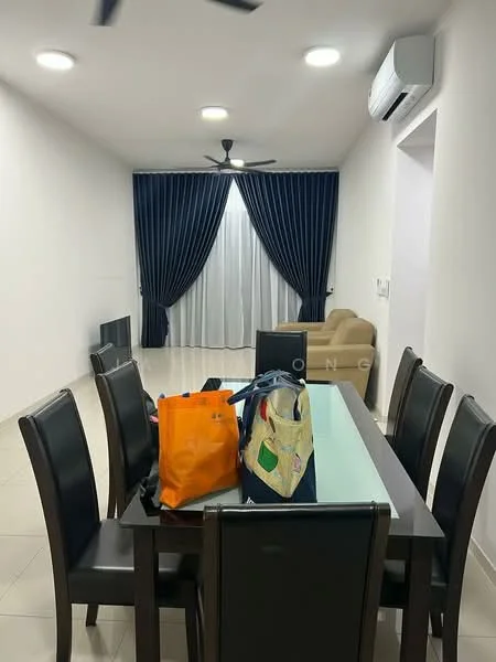 Dining features: dining table with glass top, 6 black dining chairs, cream walls, recessed downlights, ceiling fan, air conditioning unit, floor tiles, curtains with blue and white pattern; style: modern. Living features: beige fabric sofa, wall-mounted TV, decorative wall, open space layout; style: modern.