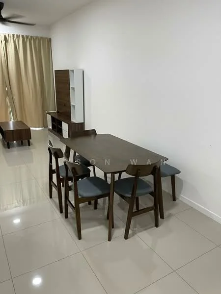 Dining features: 6-seater dining table, wooden dining table, upholstered dining chairs in blue, white sideboard cabinet, cream curtains, glossy tile flooring, wall-mounted TV console, neutral painted walls, ceiling fan; style: modern.