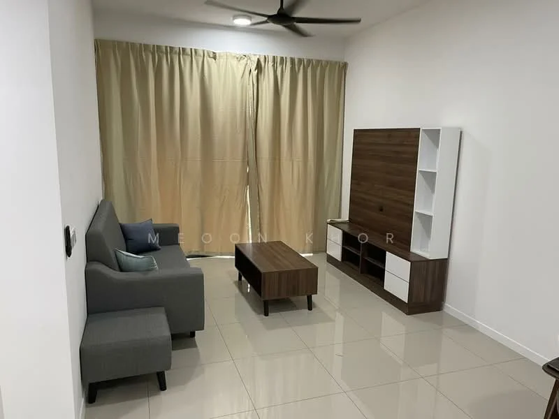 Living features: 3-seater fabric sofa in grey, 2-seater fabric sofa in light grey, wood coffee table, TV console with storage, floor-to-ceiling curtains in beige, white walls, glossy tile flooring, ceiling fan; style: modern.