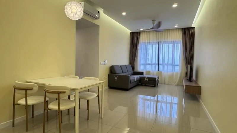 Living features: grey fabric sofa, white dining table, 4 white dining chairs, wall-mounted TV, wooden TV console, recessed LED downlights, ceiling fan, large windows with sheer curtains, cream painted walls, glossy tile flooring; style: modern.