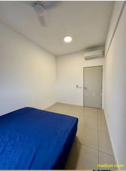 Bedroom features: white painted walls, tile flooring, ceiling fan, 1 wall-mounted split AC, single bed, blue bedspread, door, light fixture.