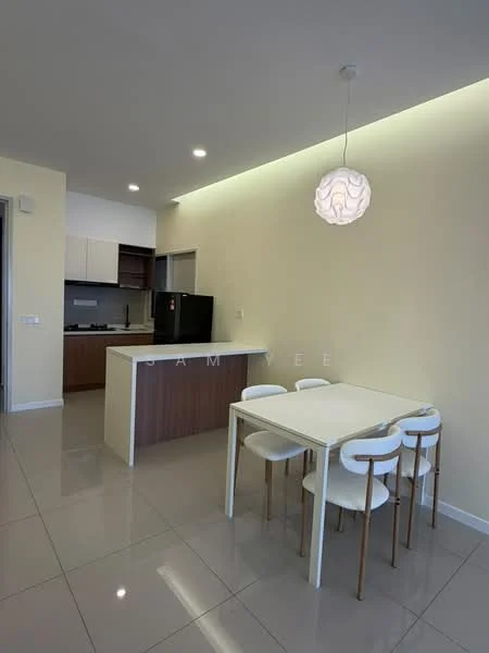 Dining features: white dining table, 4 white dining chairs, pendant light fixture, cream painted walls, glossy tile flooring, recessed ceiling lights, open kitchen layout, kitchen island with bar seating; style: modern. Kitchen features: stainless-steel fridge, built-in oven, gas hob, kitchen cabinetry in wood finish, countertop with backsplash, sink, microwave, open shelving; style: modern.
