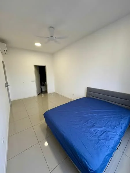 Bedroom features: grey upholstered bed frame, queen-size bed with blue bedding, white painted walls, glossy ceramic tile flooring, ceiling fan, wall-mounted split AC, recessed ceiling light, doorway leading to bathroom, no visible closet or storage; style: modern.
