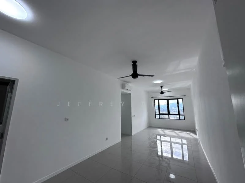 Room features: white painted walls, polished ceramic tile flooring, 2 ceiling fans, 2 round ceiling lights, floor-to-ceiling windows, city view, air conditioning unit; style: modern; view: city.