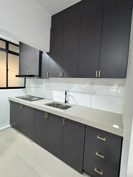 Kitchen features: dark grey cabinetry, white quartz countertop, double-bowl stainless-steel sink, chrome pull-down faucet, white tiled backsplash, built-in electrical outlets, under-cabinet lighting, ceramic tile flooring, large window with black frames; style: modern.