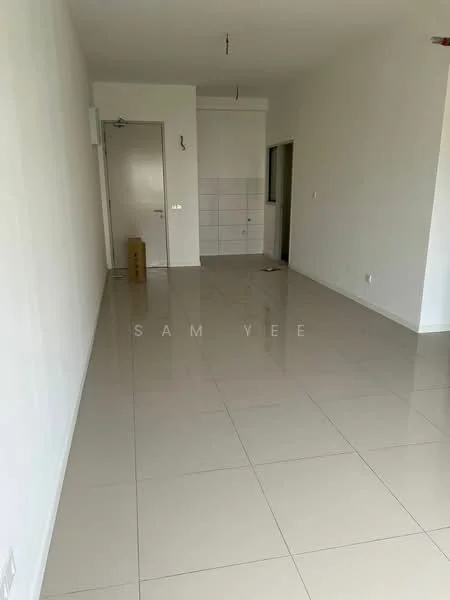 Room features: white painted walls, glossy ceramic tile flooring, single door, wall-mounted light fixture, kitchenette area with tiled backsplash, open space layout, neutral color scheme, no visible furniture; style: modern.