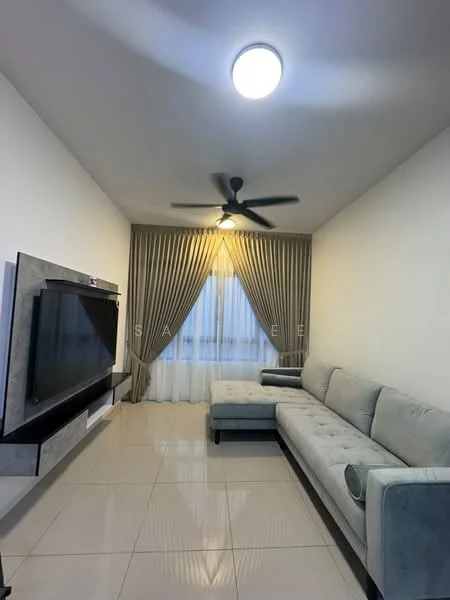 Living features: 3-seater fabric sofa in grey, L-shape sectional sofa, wall-mounted TV, TV console, ceiling fan, recessed downlights, floor-to-ceiling windows, sheer curtains, cream painted walls, glossy tile flooring, decorative throw pillow, area rug; style: modern.