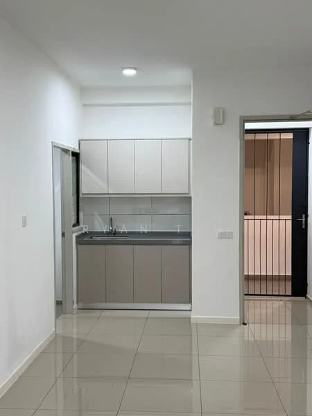 Kitchen features: white painted walls, glossy ceramic tile flooring, single-bowl stainless-steel sink, chrome pull-down faucet, laminate countertop, grey cabinetry, built-in kitchen cabinets, recessed downlights; style: modern.