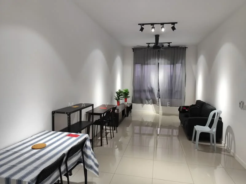 Living features: grey fabric sofa, black dining chairs, white plastic chair, dining table with blue and white striped tablecloth, polished tile flooring, recessed LED downlights, floor-to-ceiling window with sheer curtains, decorative plant in pot, wall-mounted lighting, neutral painted walls; style: modern.