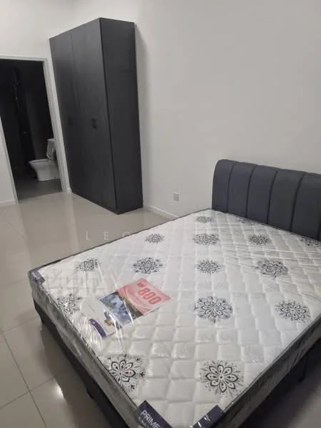 Bedroom features: queen-size bed, upholstered headboard, grey bed frame, white mattress with floral pattern, built-in wardrobe with grey finish, tile flooring, white painted walls, recessed lighting; style: modern.