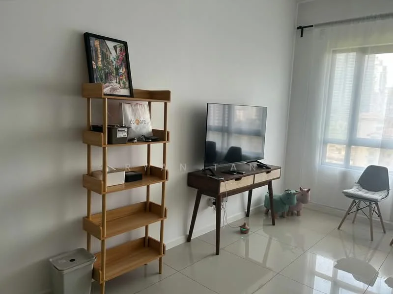Living features: white painted walls, glossy tile flooring, floor-to-ceiling windows, wooden shelving unit, wall-mounted TV, wooden TV console, decorative artwork, plastic chair, decorative figurines, waste bin; style: modern; view: city.