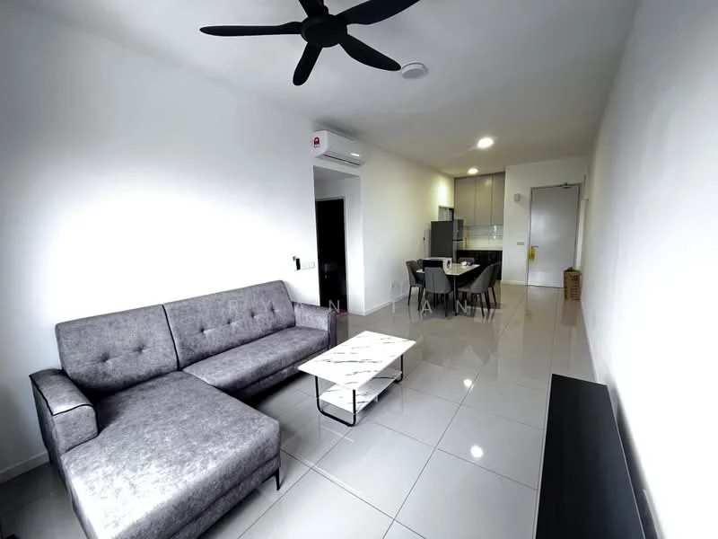 Living features: 3-seater fabric sofa in grey, coffee table with white top, wall-mounted TV, TV console, recessed downlights, floor-to-ceiling windows, glossy ceramic tile flooring, ceiling fan, air conditioning unit, decorative wall, open layout to dining area; style: modern. Dining features: 4-seater dining table, dining chairs in grey, kitchen area visible in background, open layout to living area; style: modern.