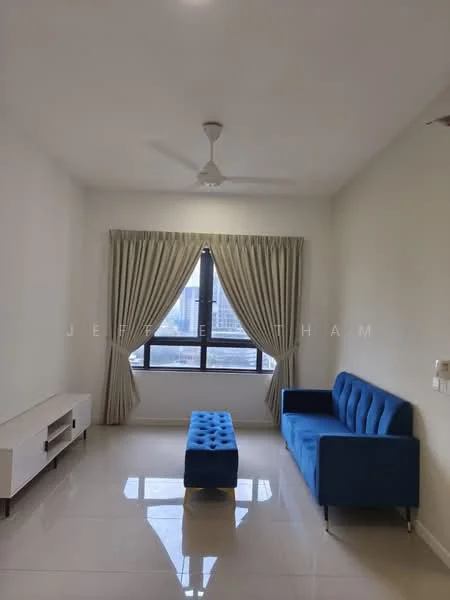 Living features: blue fabric sofa, white TV console, white walls, cream curtains, floor-to-ceiling windows, polished tile flooring, ceiling fan, decorative bench, natural light; style: modern; view: city.