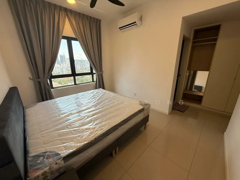 Bedroom features: queen-size bed, upholstered headboard, floor-to-ceiling window, grey curtains, wall-mounted split AC, light-colored walls, tile flooring, built-in wardrobe, mirror on wardrobe door, area rug; style: modern; view: city.