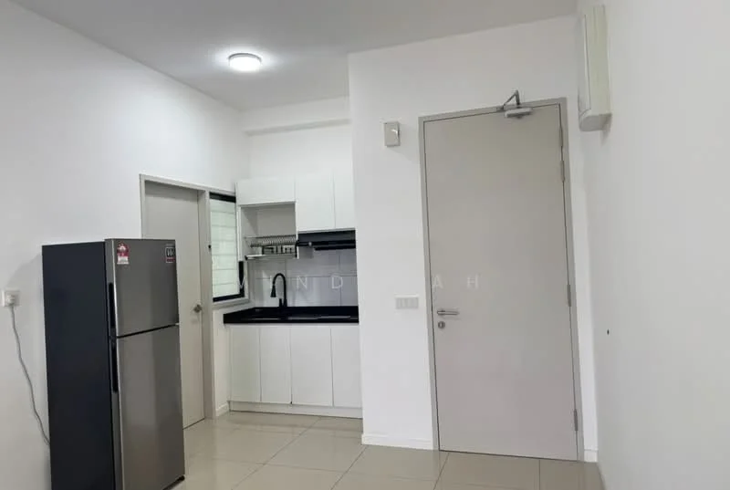 Kitchen features: white cabinetry, black countertop, stainless-steel fridge, single-bowl stainless-steel sink, chrome pull-down faucet, ceramic tile flooring, recessed downlights, window above sink, built-in oven, freestanding range oven; style: modern. Room features: white painted walls, light switch, door, air conditioning unit.