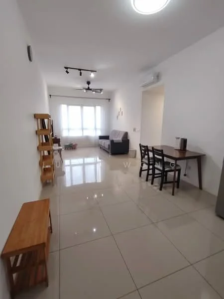 Living features: white painted walls, glossy tile flooring, recessed downlights, 5-blade ceiling fan with light, sofa in dark color, wooden dining table, 4 dining chairs, wooden bench, air conditioning unit, window with sheer curtains, decorative wall art; style: modern.