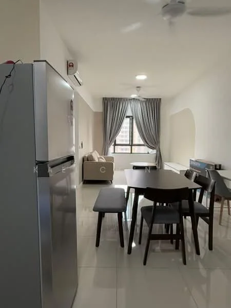 Dining features: dining table with 4 chairs, grey upholstered dining chairs, white walls, recessed downlights, floor-to-ceiling window, curtains, light-colored tiled flooring, air conditioning unit, sofa in living area visible, sideboard visible; style: modern; view: city. Room features: stainless-steel fridge, open layout.
