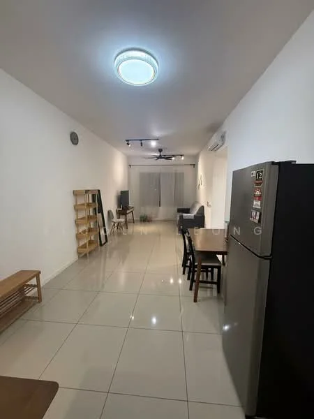 Living features: white painted walls, glossy tile flooring, recessed ceiling lights, 5-blade ceiling fan with light, sofa in dark color, wooden dining table, 4 dining chairs, black refrigerator, open shelving unit, large window with sheer curtains; style: modern.
