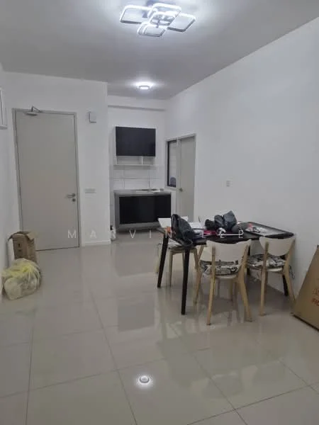 Living features: white painted walls, glossy tile flooring, recessed ceiling lights, dining table with four chairs, black kitchen cabinet, kitchen countertop, open layout, door leading to kitchen; style: modern.