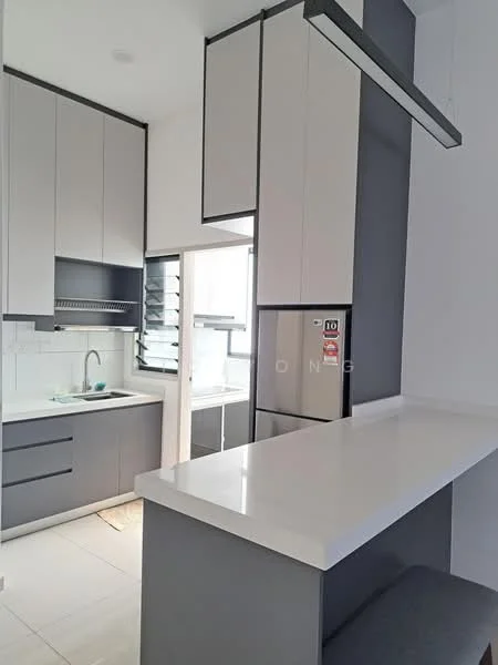 Kitchen features: white upper cabinets, grey lower cabinets, white quartz countertop, single-bowl stainless-steel sink, chrome pull-down faucet, built-in fridge, sliding window, tile backsplash, open layout with breakfast bar, recessed lighting, ceramic tile flooring; style: modern.
