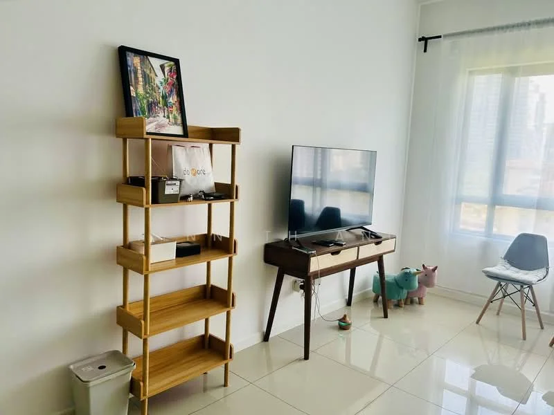 Living features: white painted walls, glossy tile flooring, floor-to-ceiling windows, TV mounted on wall, wooden shelving unit, wooden console table, decorative artwork on wall, plastic waste bin, decorative figurines, chair with wooden legs; style: modern; view: city.