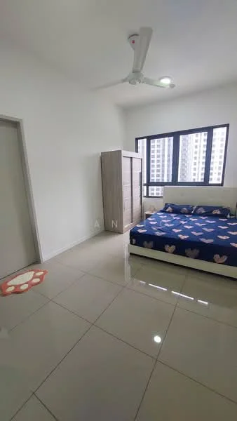 Bedroom features: white painted walls, glossy tile flooring, 5-blade ceiling fan with light, large window with city view, double bed with patterned bedding, wooden wardrobe, decorative rug, bedside table; style: modern; view: city.