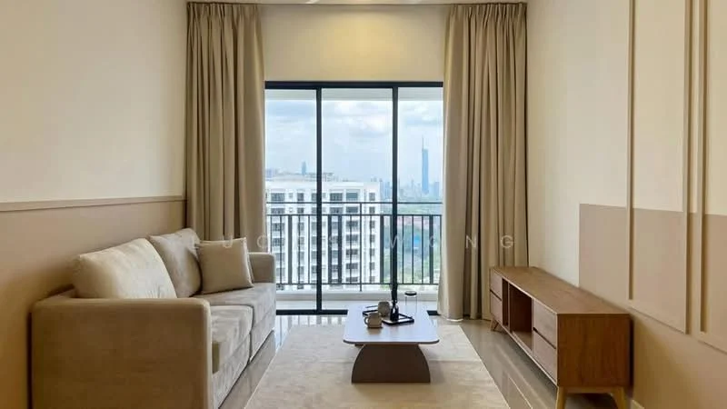 Living features: 3-seater fabric sofa in light beige, wooden coffee table, TV console in wood, floor-to-ceiling windows, curtains in light fabric, neutral painted walls, light-colored flooring, decorative items on coffee table; style: modern; view: city.