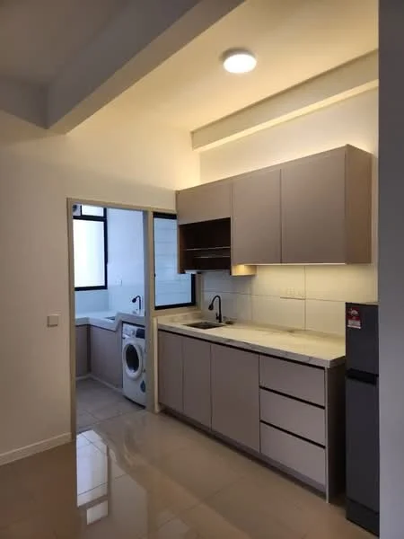 Kitchen features: light grey cabinetry, white countertop, single-bowl stainless-steel sink, chrome pull-down faucet, built-in oven, stainless-steel fridge, recessed LED downlights, ceramic tile flooring, wall-mounted washing machine, floor-to-ceiling window, open shelving; style: modern. Laundry features: wall-mounted washing machine, window, ceramic tile flooring.