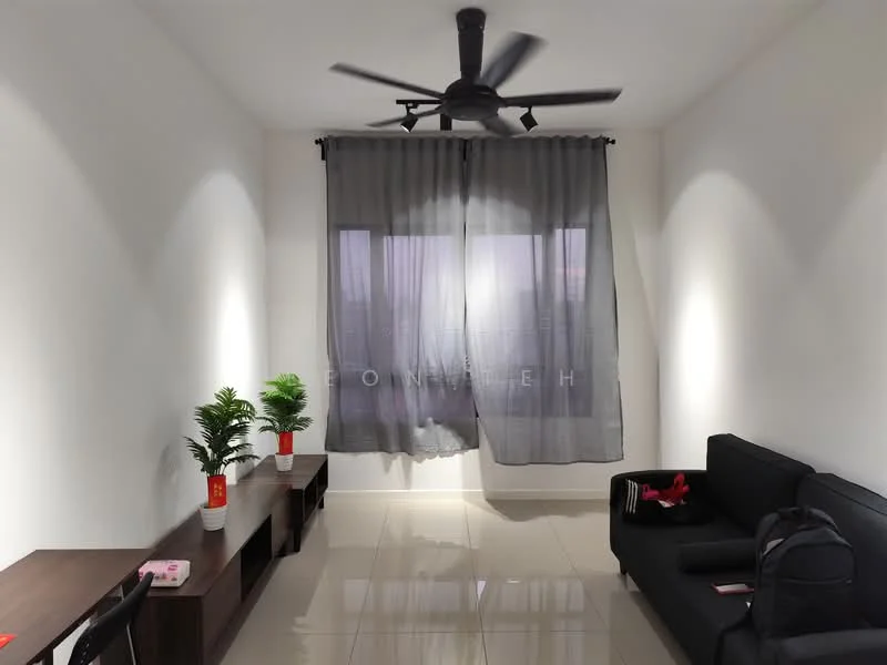 Living features: grey fabric sofa, wooden console table, floor-to-ceiling windows, sheer curtains, wall-mounted ceiling fan, glossy tile flooring, decorative houseplants in pots, neutral painted walls; style: modern.