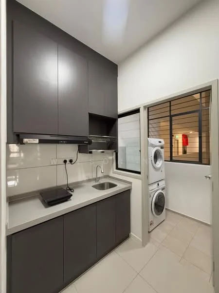 Laundry features: dark grey cabinetry, white countertop, single-bowl stainless-steel sink, chrome pull-down faucet, built-in washing machine, built-in dryer, tile flooring, white tiled backsplash, window with metal grille, light fixture, wall-mounted shelving; style: modern.