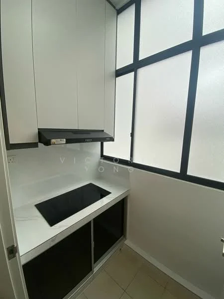 Kitchen features: white cabinetry, black countertop, built-in stove, extraction hood, glass windows, tile flooring, minimalist design, under-cabinet lighting; style: modern.