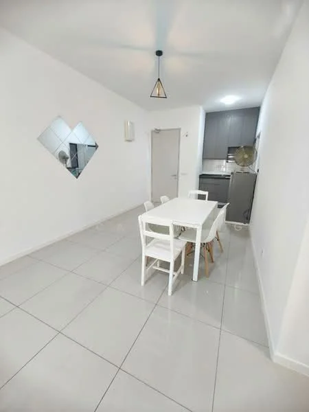 Dining features: white dining table, 4 white chairs, grey cabinetry, stainless-steel refrigerator, built-in oven, ceramic tile flooring, white painted walls, pendant light fixture, mirror on wall, air conditioning unit; style: modern.