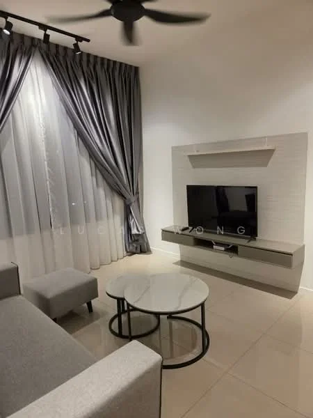 Living features: 3-seater fabric sofa in grey, round coffee table with marble top, wall-mounted TV, TV console in light grey, floor-to-ceiling windows, sheer curtains, blackout curtains, ceiling fan, tile flooring, decorative wall paneling, area rug; style: modern.