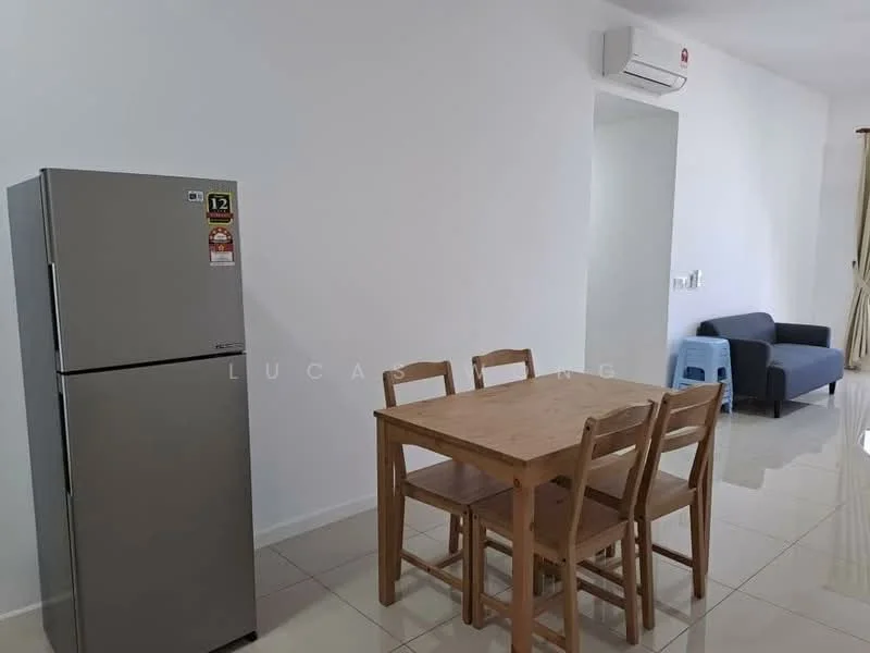 Dining features: wooden dining table, 4 wooden dining chairs, stainless-steel fridge, white walls, glossy tile flooring, wall-mounted air conditioning unit, sofa in grey fabric, blue plastic chair; style: modern.