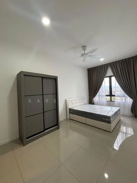 Bedroom features: queen-size bed, upholstered headboard, built-in wardrobe with sliding doors, floor-to-ceiling window, sheer curtains, dark curtains, ceiling fan, glossy tile flooring, white painted walls; style: modern; view: city.
