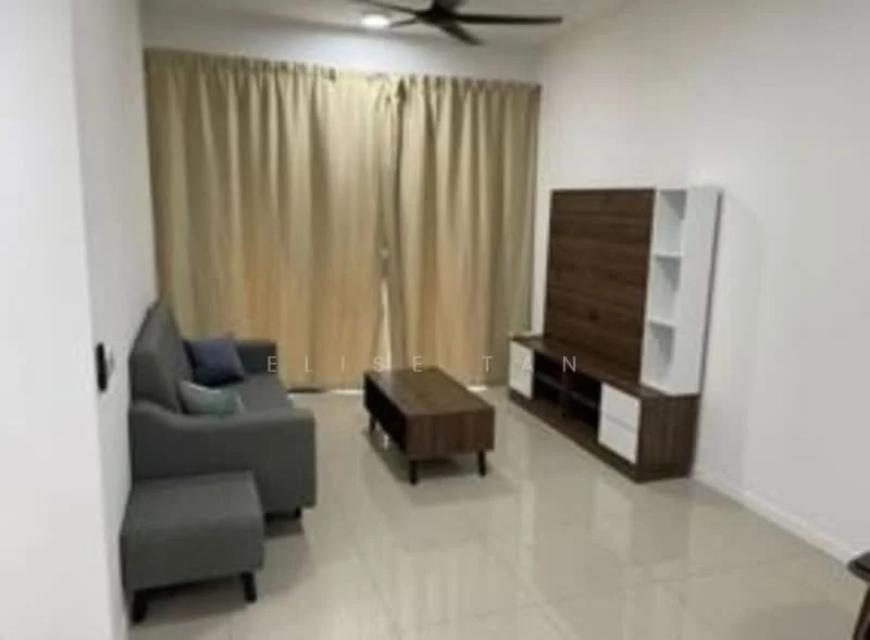 Living features: 3-seater fabric sofa in grey, coffee table, TV console, wall-mounted TV, floor-to-ceiling windows, sheer curtains, white painted walls, glossy tile flooring, ceiling fan; style: modern.