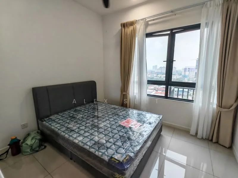 Bedroom features: queen-size bed, upholstered headboard, floor-to-ceiling window, curtains, white painted walls, glossy tile flooring, decorative wall, city view; style: modern; view: city.