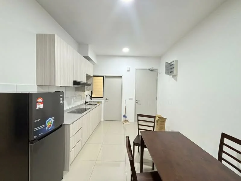 Kitchen features: white cabinetry with flat-panel design, black refrigerator, stainless-steel sink, chrome pull-down faucet, white countertop, ceramic tile flooring, recessed downlights, wall-mounted air conditioning unit, dining table with four wooden chairs, door leading to hallway, window with blinds; style: modern.