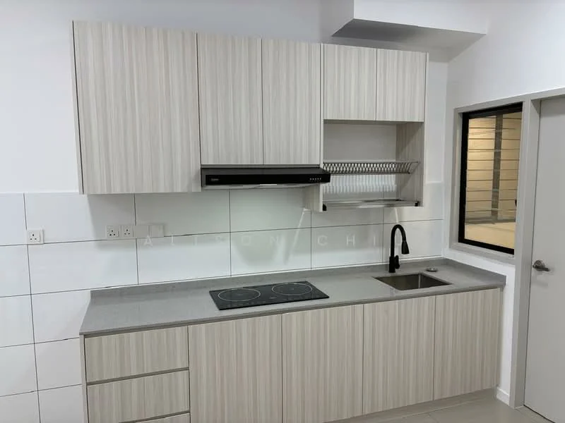 Kitchen features: light wood cabinetry, grey countertop, stainless-steel sink, black gooseneck faucet, built-in stove with two burners, white tiled backsplash, open shelving, wall-mounted range hood; style: modern.