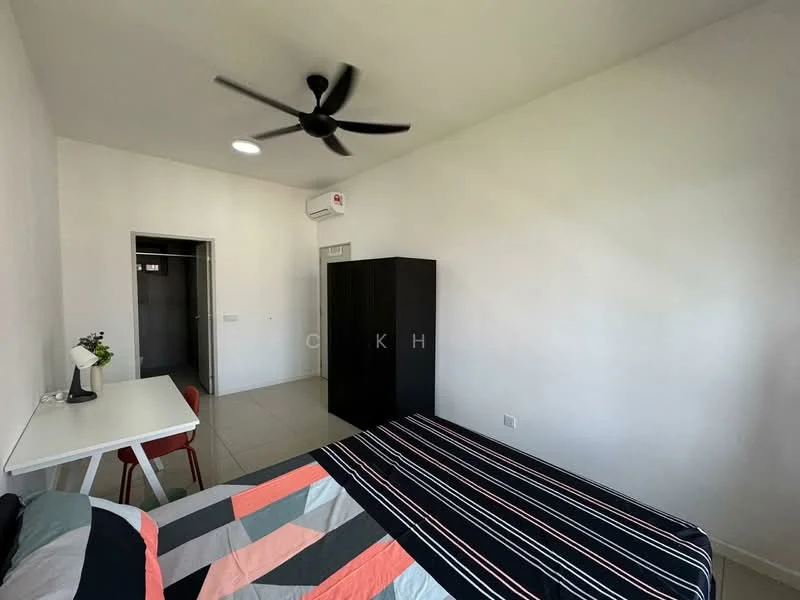 Bedroom features: queen-size bed with patterned bedding, black wardrobe, white desk with chair, ceiling fan, wall-mounted air conditioning unit, tiled flooring, white painted walls, window with natural light; style: modern.