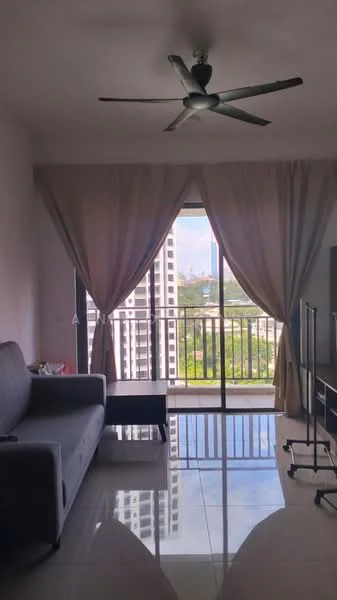 Living features: 3-seater fabric sofa in grey, floor-to-ceiling windows, sheer curtains, 5-blade ceiling fan, tile flooring, balcony view, coffee table, TV console, decorative wall, area rug; style: modern; view: city.