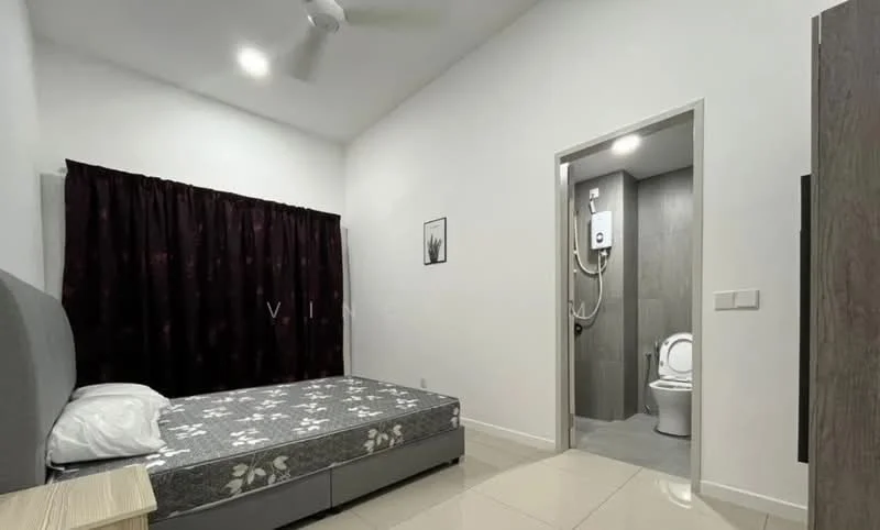 Bedroom features: queen-size bed with grey upholstered headboard, white bedding, dark curtain with floral pattern, wall-mounted ceiling fan, white painted walls, glossy tile flooring, nightstand with drawer, framed artwork on wall; style: modern. Bathroom features: one-piece toilet, shower with wall-mounted water heater, grey tile cladding, sliding door, vanity with mirror.