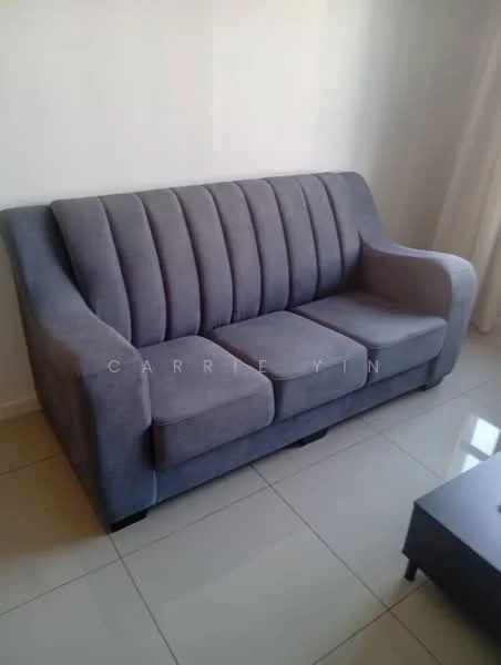 Living features: 3-seater fabric sofa in grey, smooth tile flooring, white painted walls, large window with sheer curtains, coffee table, decorative wall art, area rug; style: modern.