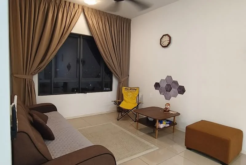 Living features: brown fabric sofa, beige area rug, wooden coffee table, brown ottoman, yellow folding chair, hexagonal wall decor, large window with black frame, floor-to-ceiling curtains in brown, wall clock, tile flooring; style: modern; view: city.